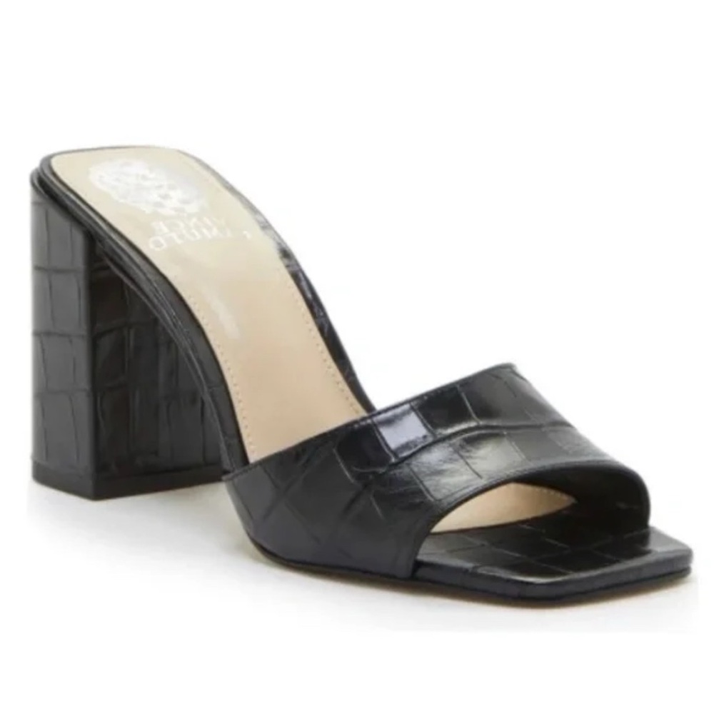 VINCE CAMUTO Daisana Black Croc Embossed Leather Sandals sz 8
